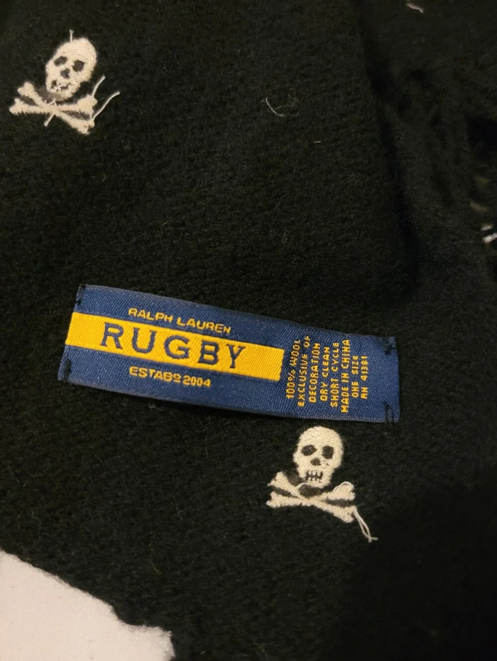 Ralph Lauren Black Skull Knit Scarf with Fringe